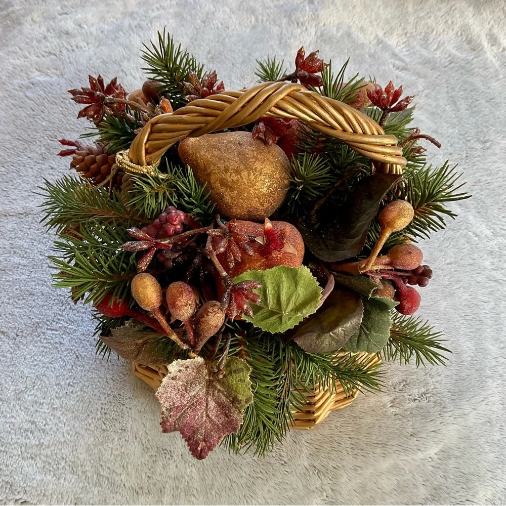 Gold Wicker Basket with Festive Holiday Flower Arrangement